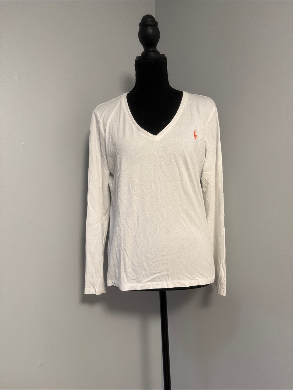 Polo by Ralph Lauren White Long Sleeve V‑Neck Tee with Orange Pony